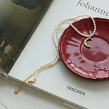 18K Freshwater Pearls Moon Clavicle Necklace Tin foil Folds Crescent Pendants