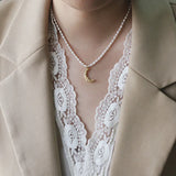 18K Freshwater Pearls Moon Clavicle Necklace Tin foil Folds Crescent Pendants