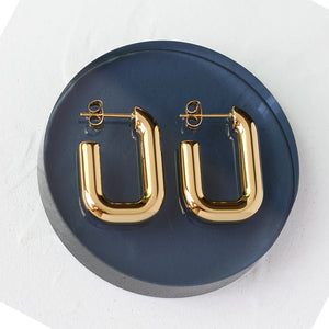 18K Heavy Solid U Shaped Square Hoop Earring Hollow Drop Earrings