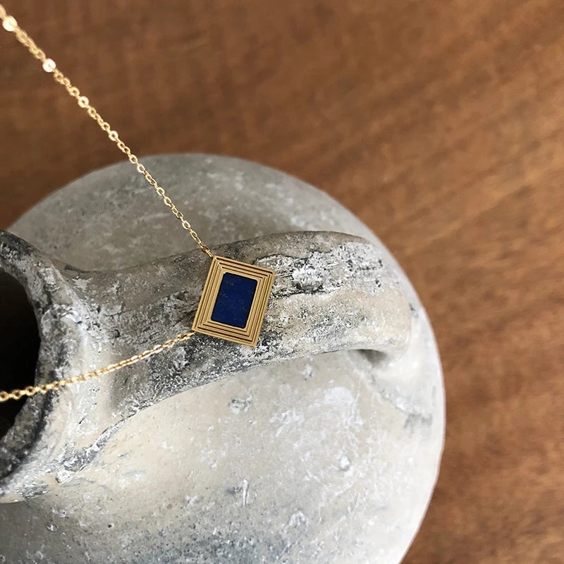 Vintage Lapis Lazuli Clavicle Necklace Famous Painting Photo Frame Pendant