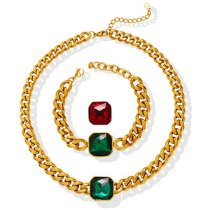 18K Light Cuban Chain Bracelet Necklace Set Crystal Stone Jewelry