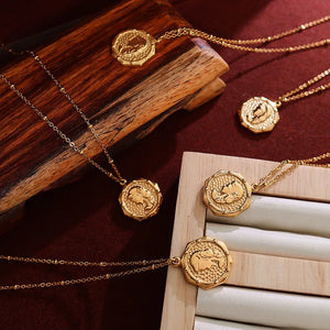18K Light Embossed Girl Clavicle Chain Necklace Coin Necklace