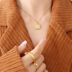 18K Light Embossed Girl Clavicle Chain Necklace Coin Necklace