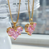 18K Pink Zircon Heart Pendant Earrings Necklace Set