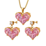 18K Pink Zircon Heart Pendant Earrings Necklace Set