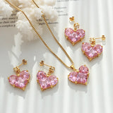 18K Pink Zircon Heart Pendant Earrings Necklace Set