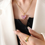 18K Pink Zircon Heart Pendant Earrings Necklace Set