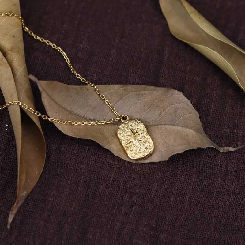 18K Textured Star Sweater Chain Pendant Necklace For Women