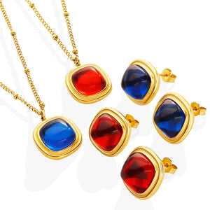 18K Natural Crystal Stone Pendant Necklace Earrings Set