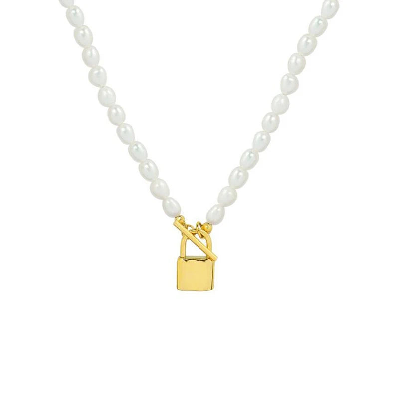 18K Light Natural Freshwater Pearl OT Buckle Lock Necklace Pendant