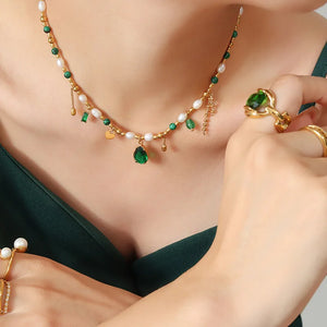 18K Pearl Zircon Jade Choker Necklace