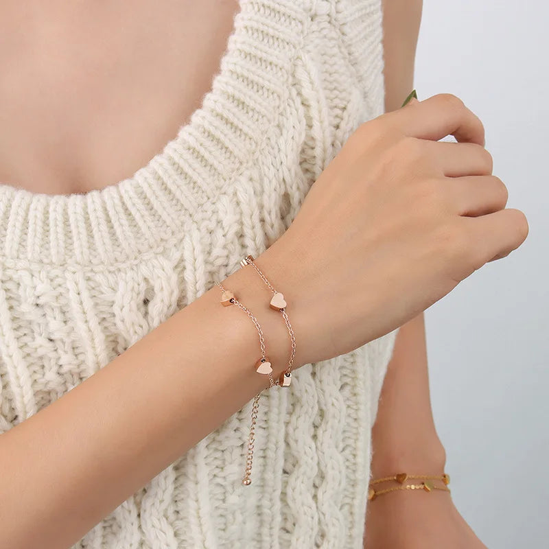 18K Light Vintage Double Peach Heart Chain Bracelet Wrap For Female Jewelry