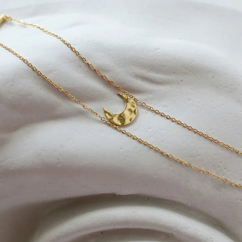 18K Double Layer Moon Bracelet Tin Foil Texture Crescent Moon Bangles