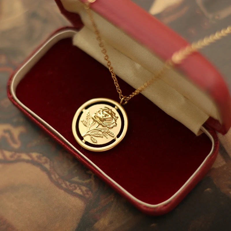 18K Flower Hollow Rose Circle Charm Choker Necklace