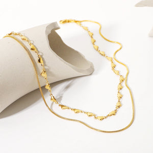 18K Love Heart Double Necklace Snake Bone Chain Jewelry