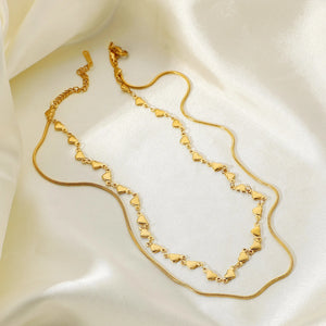 18K Love Heart Double Necklace Snake Bone Chain Jewelry