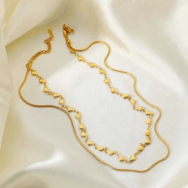18K Love Heart Double Necklace Snake Bone Chain Jewelry