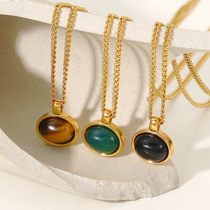 Minimalist Oval Tiger Eye Necklace Pendant Earrings Set