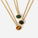 Minimalist Oval Tiger Eye Necklace Pendant Earrings Set
