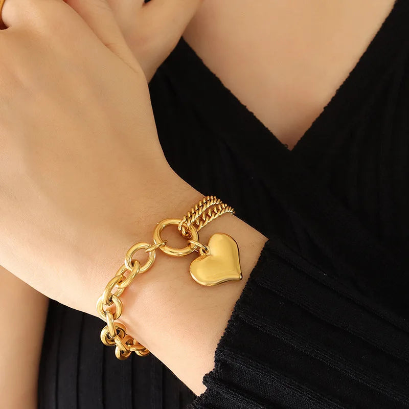 18K Cuban Chain Love Bracelet Peach Heart Jewelry