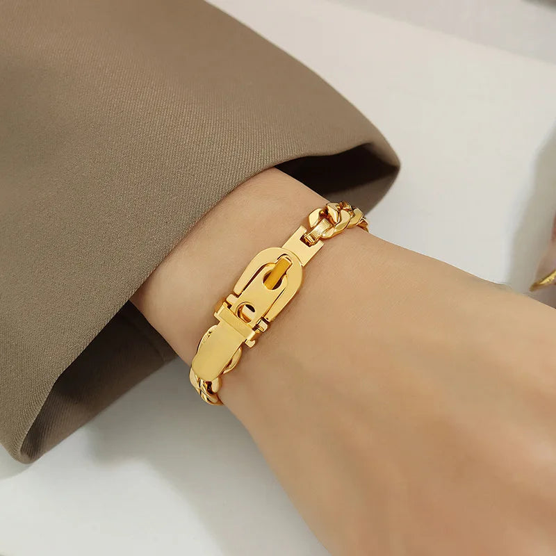 18K Minimalist Thick Chain Bangle Cuff Bracelet For Women