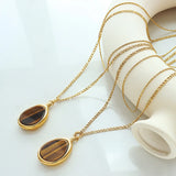 18K Tiger Eye Stone Double Layer Necklace Pendant Sweater Chain Jewelry