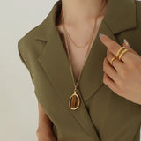 18K Tiger Eye Stone Double Layer Necklace Pendant Sweater Chain Jewelry