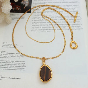 18K Tiger Eye Stone Double Layer Necklace Pendant Sweater Chain Jewelry