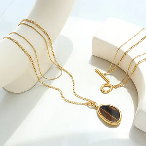 18K Tiger Eye Stone Double Layer Necklace Pendant Sweater Chain Jewelry