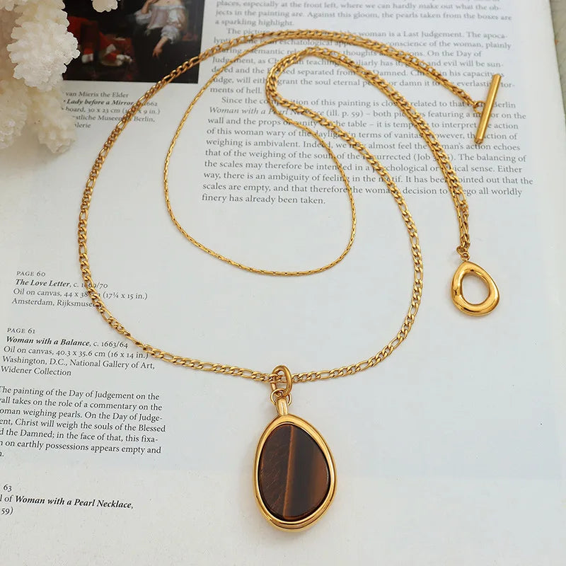 18K Tiger Eye Stone Double Layer Necklace Pendant Sweater Chain Jewelry