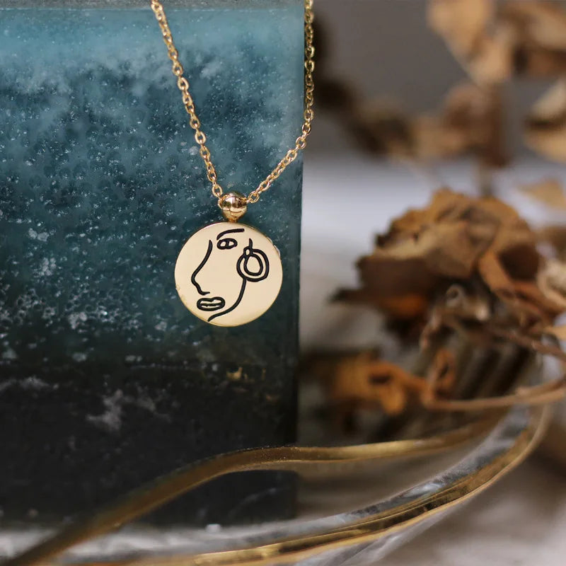 18K Hand-Painted Enamel Geometric Portrait Necklace