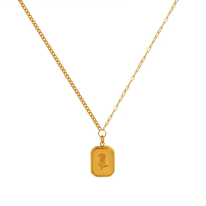 18K Rose Flower Square Clavicle Chain Pendant Necklace
