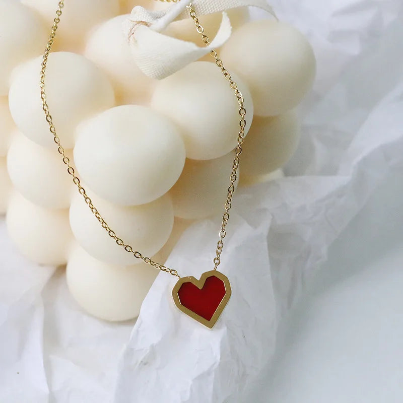 18K Red Heart Charms Choker Necklace Pendants Link Chain Clavicle Necklace