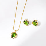 18K Retro Green Crystal Choker Necklace Pendant Ear Clips