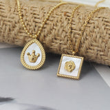 18K Retro Water Drop Crown Square Rose Shell Fritillary Necklace