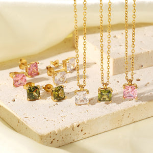 Delicate White/Pink/Green Zircon Clavicle Necklace & Earring Set