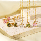 Delicate White/Pink/Green Zircon Clavicle Necklace & Earring Set
