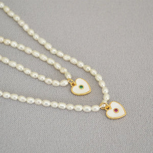 18K Rice Pearl Mother Shell Zircon Heart Pendant Necklace