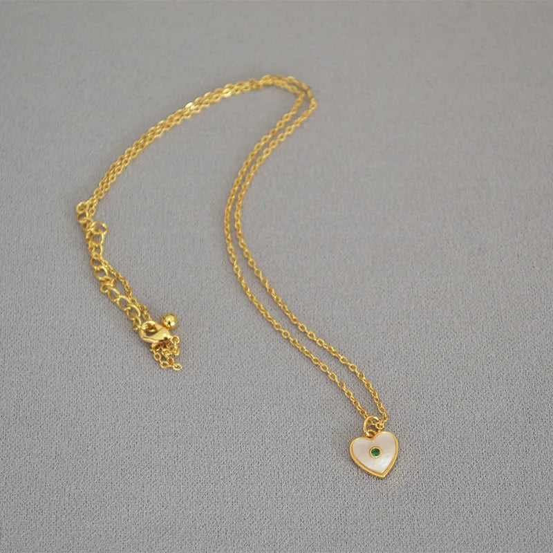 18K Rice Pearl Mother Shell Zircon Heart Pendant Necklace