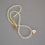 18K Rice Pearl Mother Shell Zircon Heart Pendant Necklace