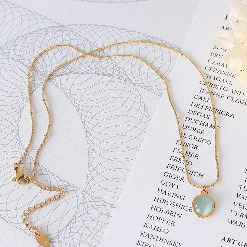 18K Oval Opal Clavicle Chain Pendant Necklace Natural Stone Jewelry
