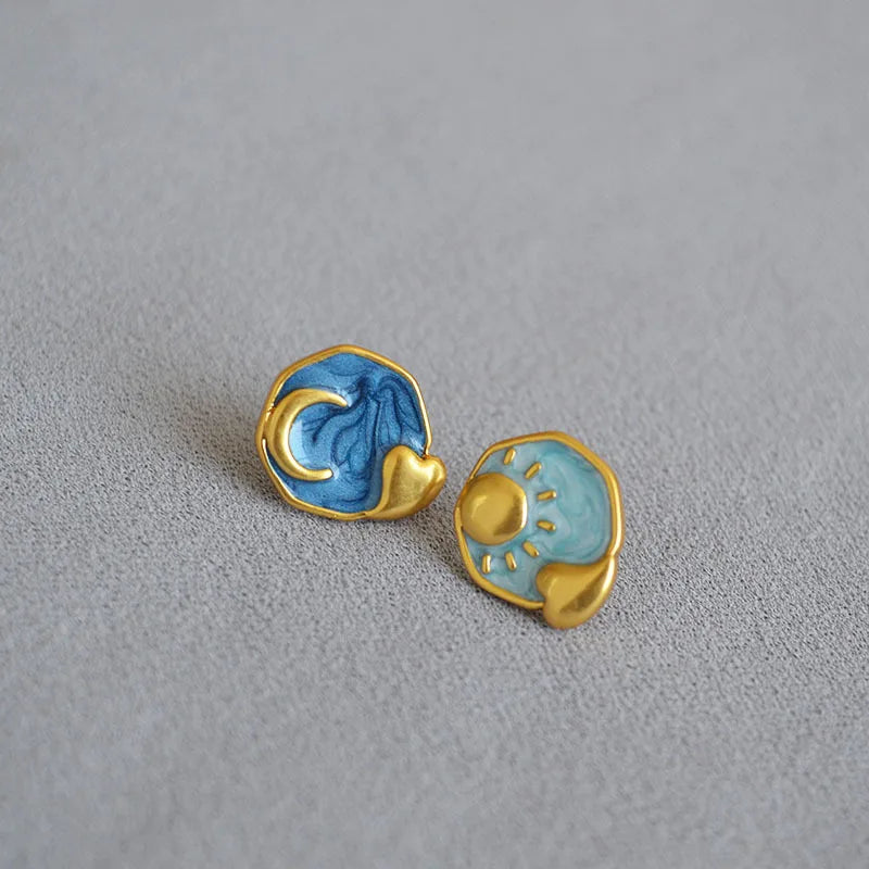 18K Starry Sky Sun Moon Enamel Drop Earrings Vintage Silver Jewelry