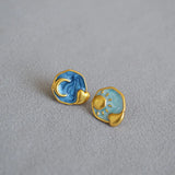 18K Starry Sky Sun Moon Enamel Drop Earrings Vintage Silver Jewelry