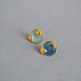 18K Starry Sky Sun Moon Enamel Drop Earrings Vintage Silver Jewelry