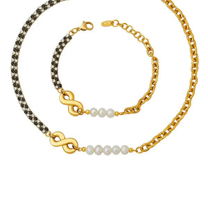 18K Zircon Cuban Chain Pearl Love Necklace Bracelet Set