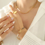18K Zircon Cuban Chain Pearl Love Necklace Bracelet Set