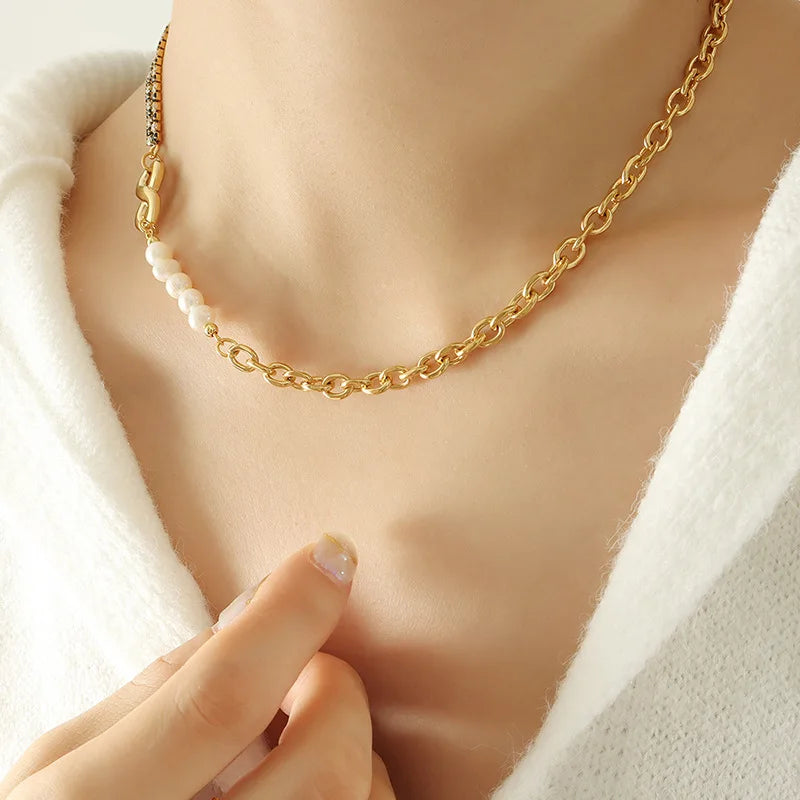 18K Zircon Cuban Chain Pearl Love Necklace Bracelet Set