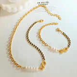 18K Zircon Cuban Chain Pearl Love Necklace Bracelet Set