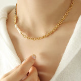 18K Zircon Cuban Chain Pearl Love Necklace Bracelet Set