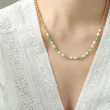 18K Green Opal Freshwater Pearl Necklace Patchwork Jewelry
